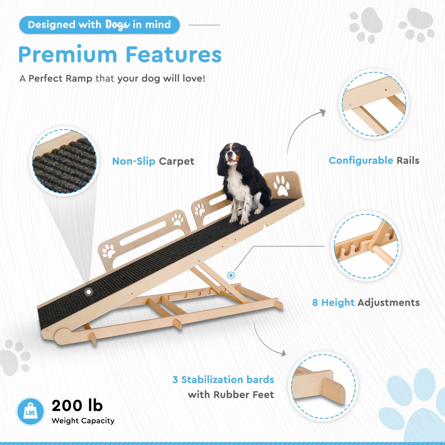 Dog Ramp for Bed with Rails - 14" to 37" Tall Bedside Dog Ramp - 65" Long and Universal Rails - Holds Up to 150LBs and works for Dogs or Cats